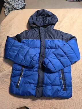 Swiss Tech Boys Two-Tone Blue Hooded Puffer Jacket Large (10-12)